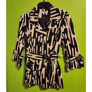 Black & Cream Abstract Print Double-Breasted Trench Coat with Belt Size M